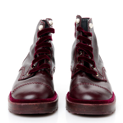 Chanel Shiny Calfskin Velvet Pearl Combat Short Boots 39 Burgundy 3 of 9