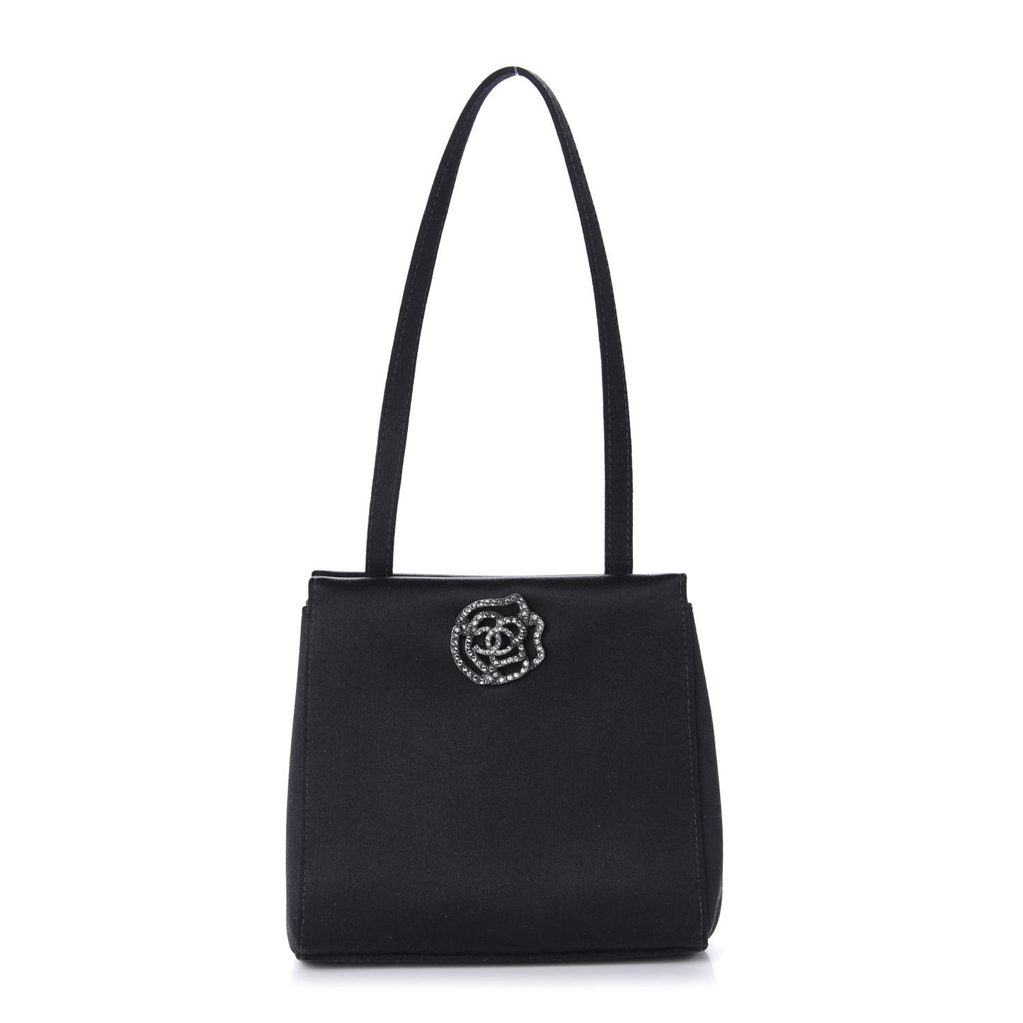 Satin Crystal Small Camellia Evening Bag Black