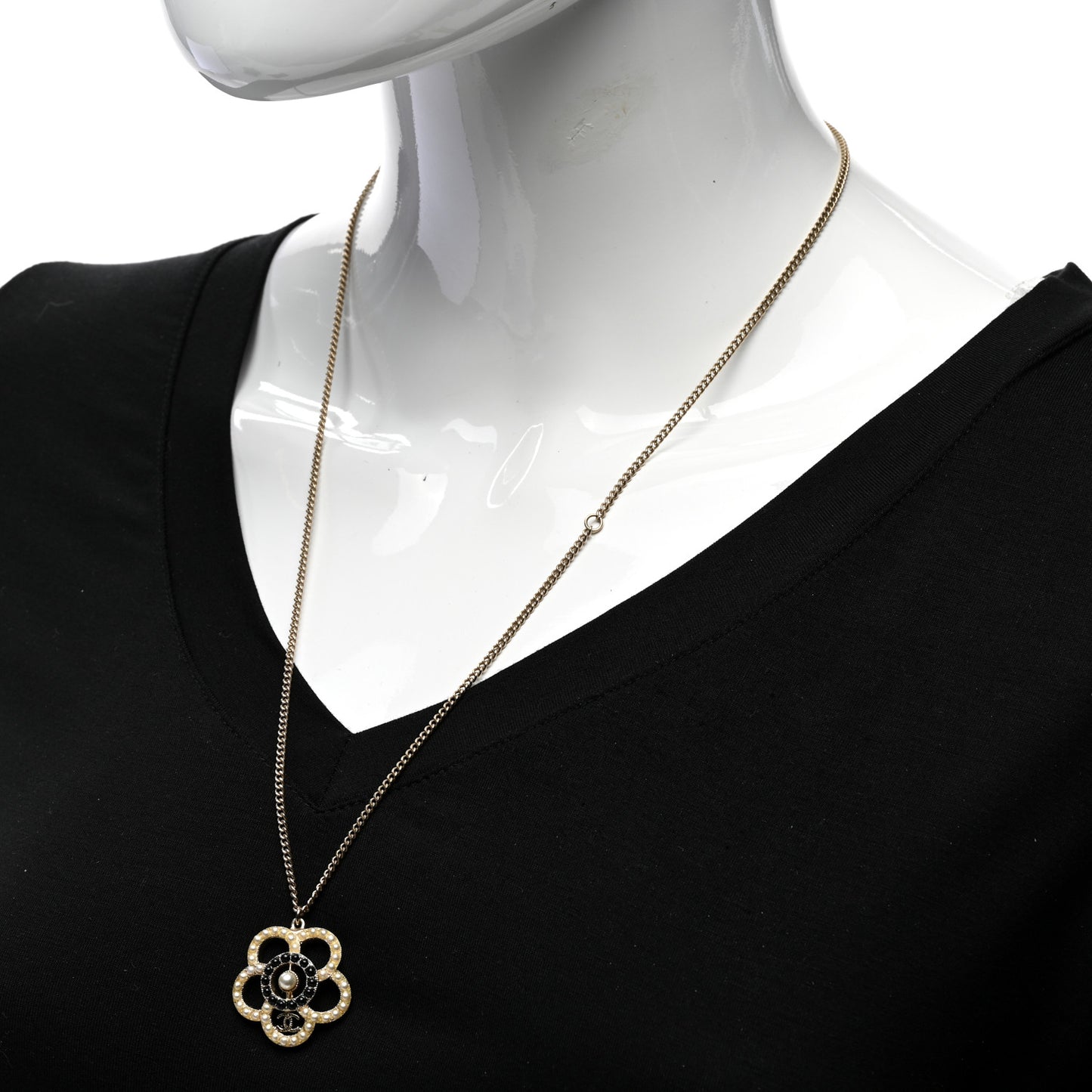 Crystal Pearl Camellia Necklace Gold Black