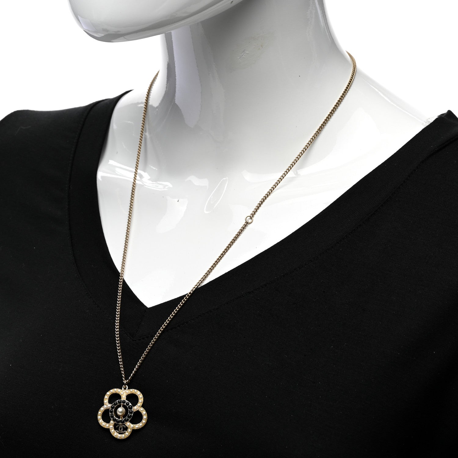 Chanel Crystal Pearl Camellia Necklace Gold Black 2 of 6