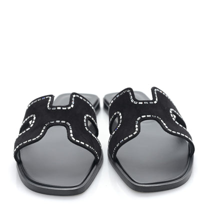 Hermes Calfskin Crystal Embellished Oran Sandals 37 Black 2 of 8