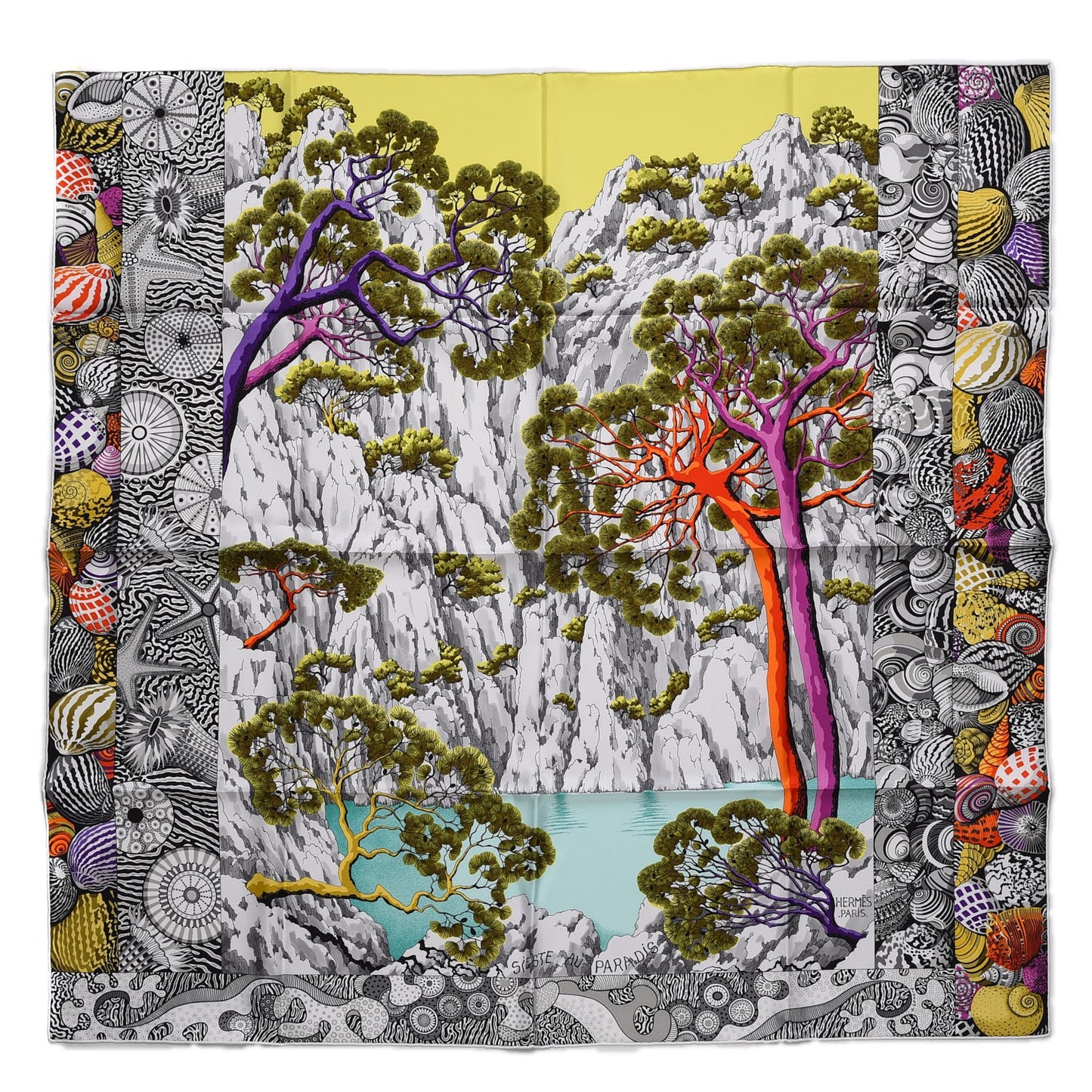 Silk Sieste Au Paradis Scarf 90 Jaune Vif Violet Gris