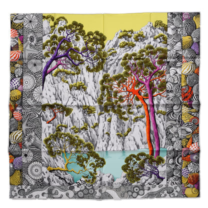 Hermes Silk Sieste Au Paradis Scarf 90 Jaune Vif Violet Gris 1 of 7