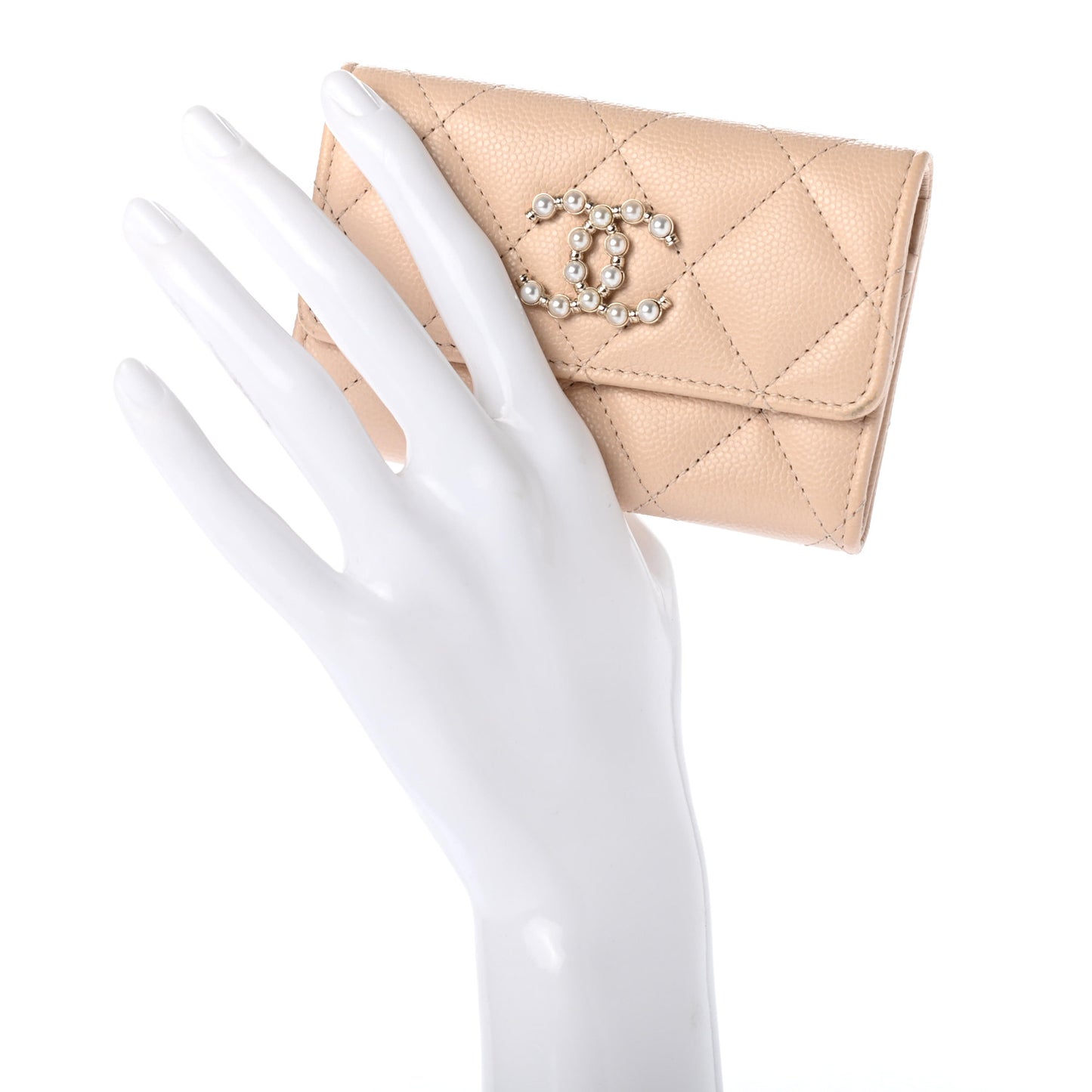 Caviar Pearl Quilted Coco Candy Flap Card Holder Beige