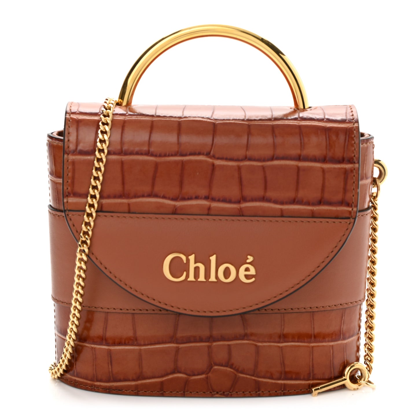 Calfskin Crocodile Embossed Small Aby Lock Chestnut Brown