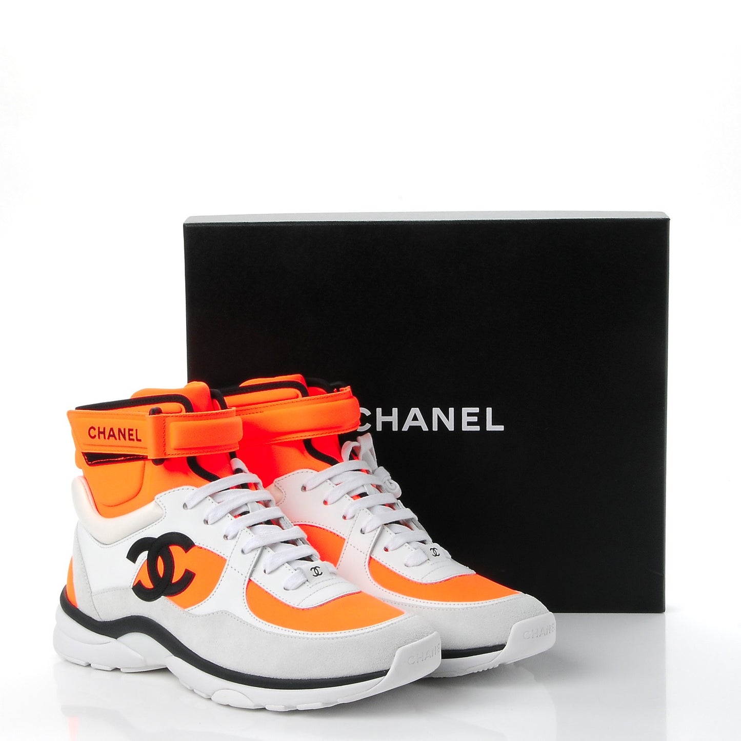 Suede Calfskin Lambskin Neoprene High Top CC Sneakers 38.5 White Fluo Orange