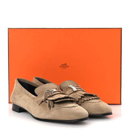 Hermes Suede Goatskin Womens Royal Loafers 37.5 Beige Sable 14 of 14