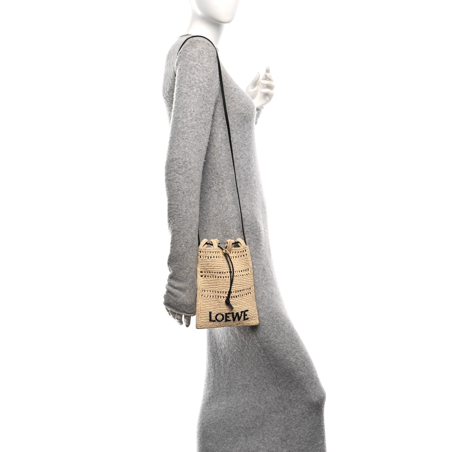 Loewe Raffia Logo Drawstring Pocket Crossbody Natural Black