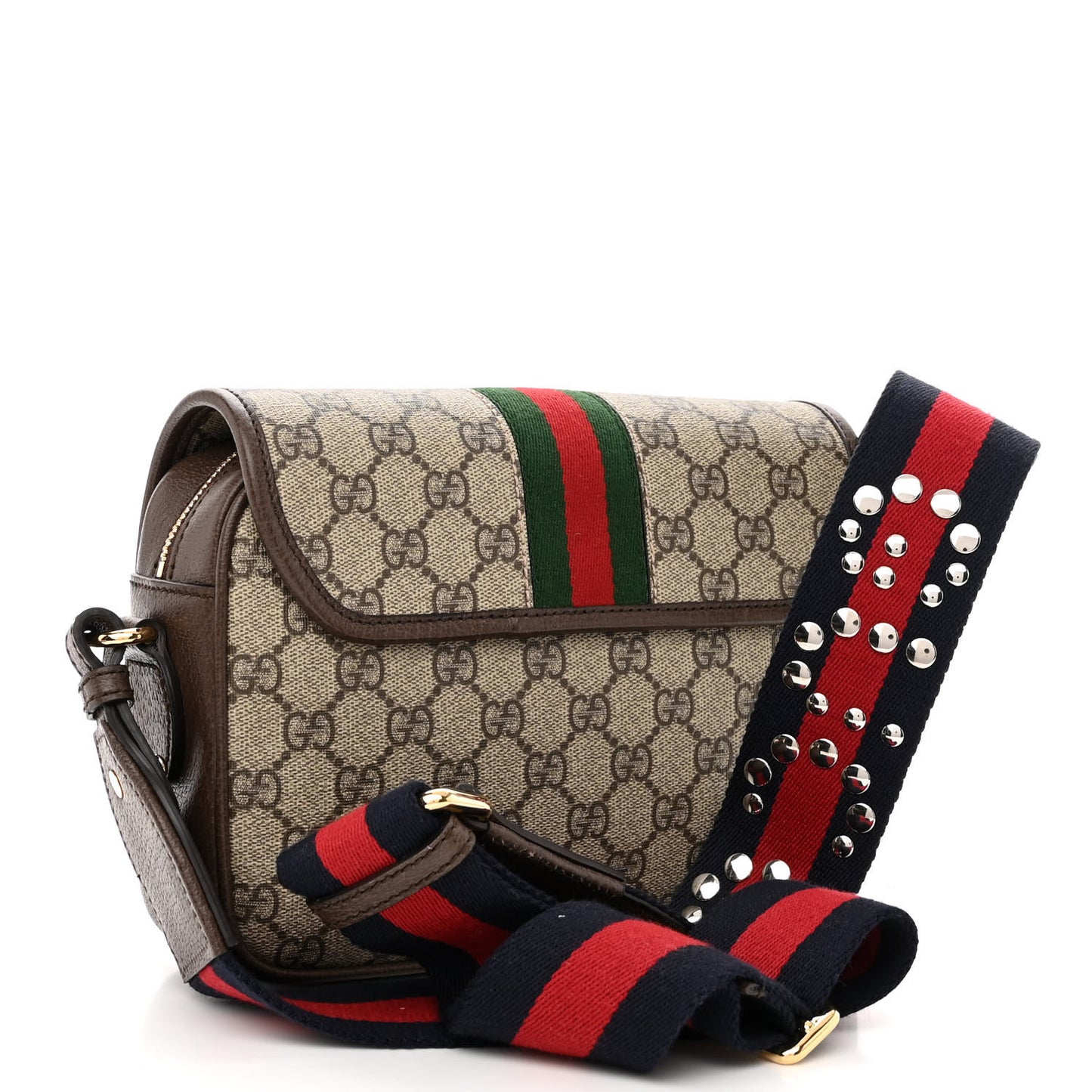 GG Supreme Monogram Textured Dollar Calfskin Web Studded Mini Ophidia Flap Shoulder Bag Beige Ebony New Acero
