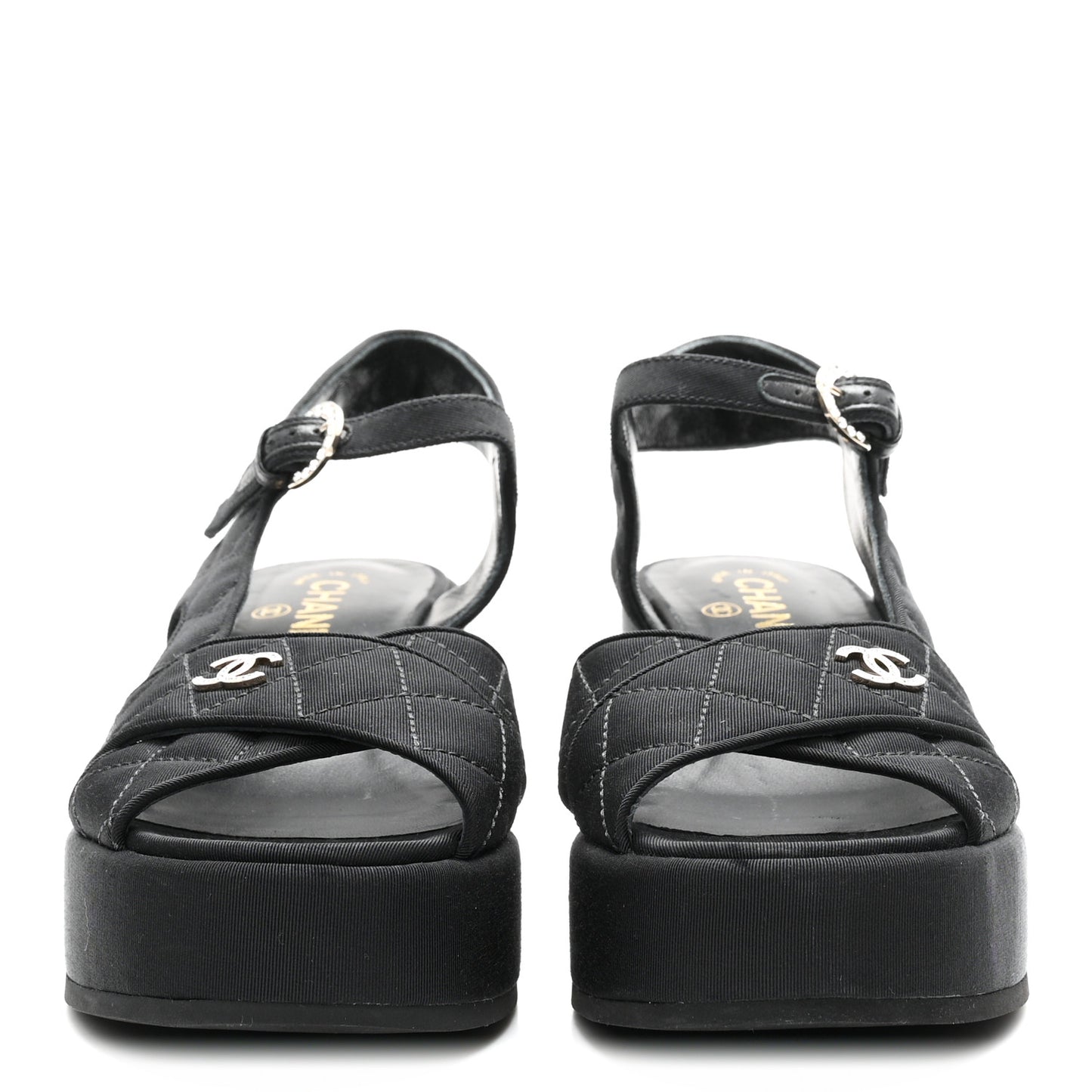 Grosgrain Quilted Crystal CC Platform Sandals 38.5 Black