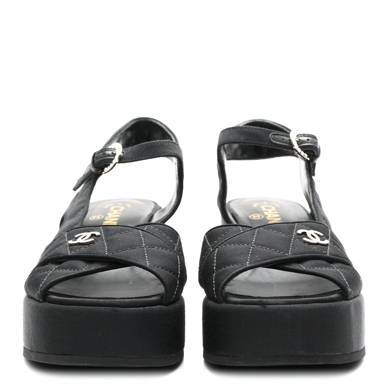 Chanel Grosgrain Quilted Crystal CC Platform Sandals 38.5 Black 3 of 9
