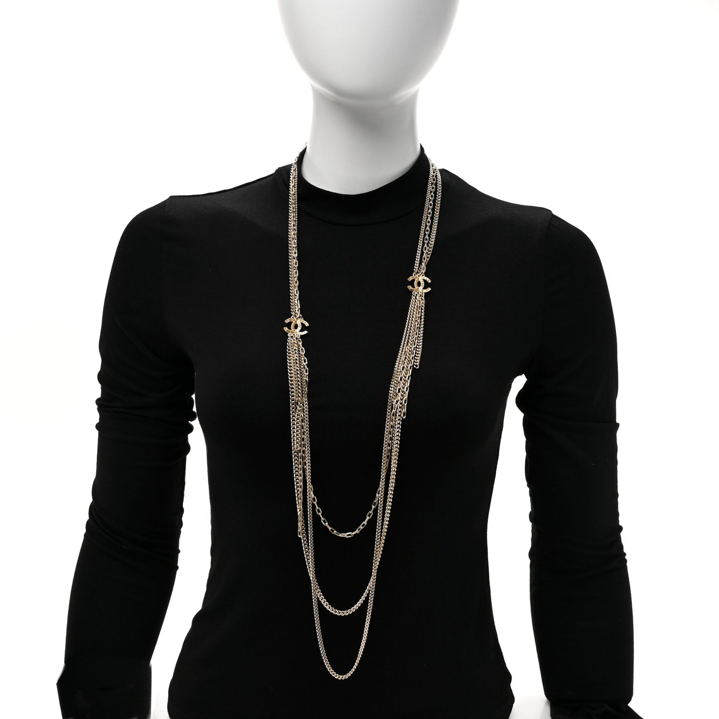 Baguette Crystal Gripoix Poured Glass CC Multi Strand Chain Necklace Light Gold