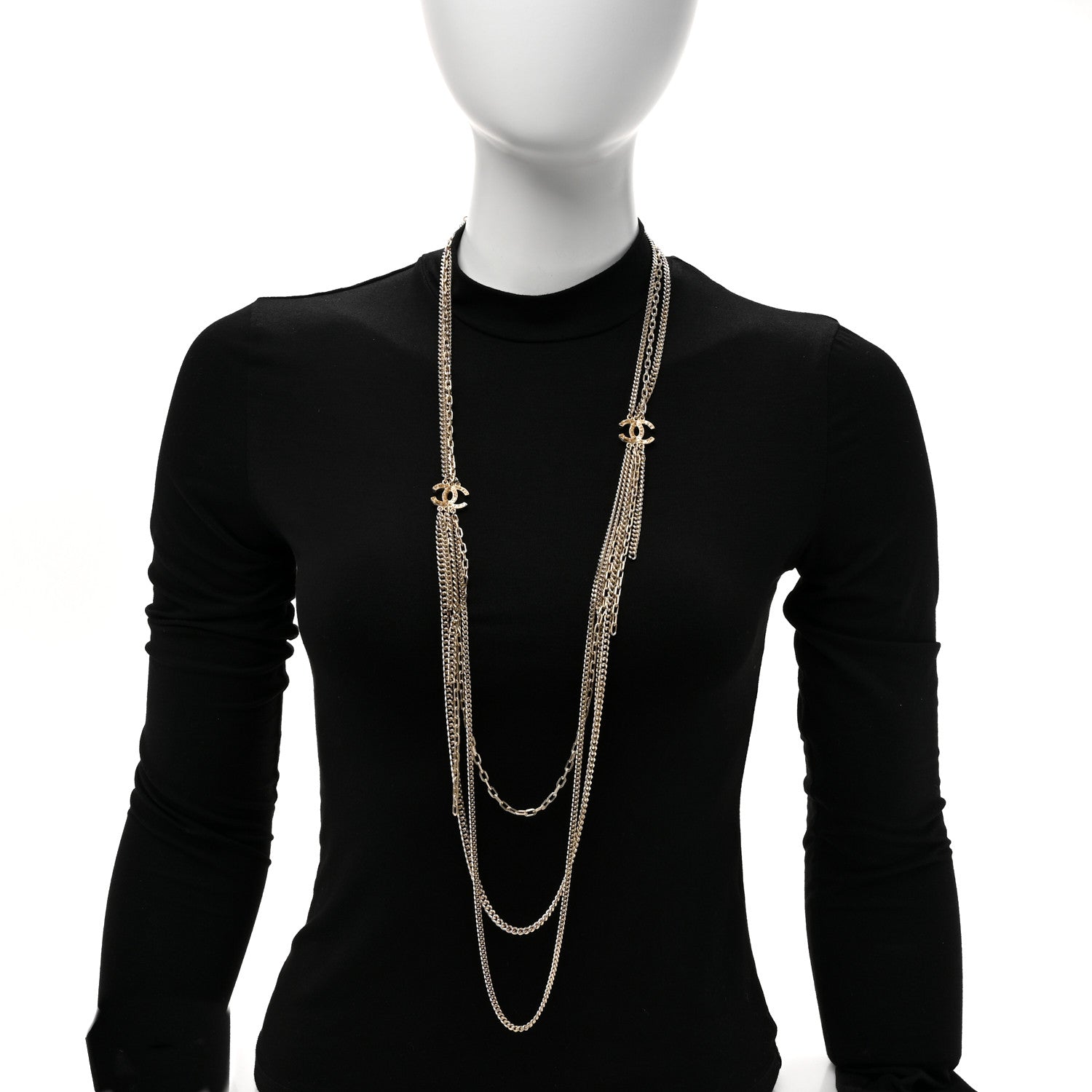 Chanel Baguette Crystal Gripoix Poured Glass CC Multi Strand Chain Necklace Light Gold 2 of 4