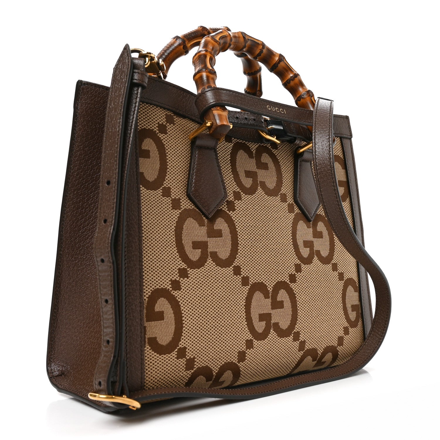 Gucci Monogram Jumbo GG Textured Dollar Calfskin Small Diana Tote Bag Camel Ebony New Acero 3 of 11