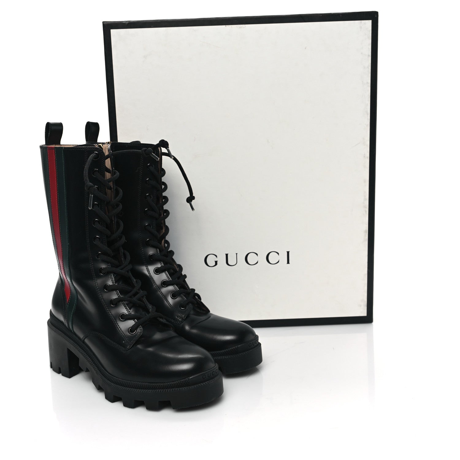 Gucci Magnum Calfskin Cirano Lux Web Lace Up Tall Combat Boots 36 Black Verde Hibiscus Red 11 of 11