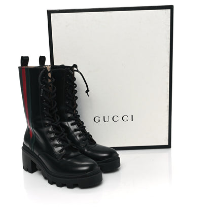 Gucci Magnum Calfskin Cirano Lux Web Lace Up Tall Combat Boots 36 Black Verde Hibiscus Red 11 of 11