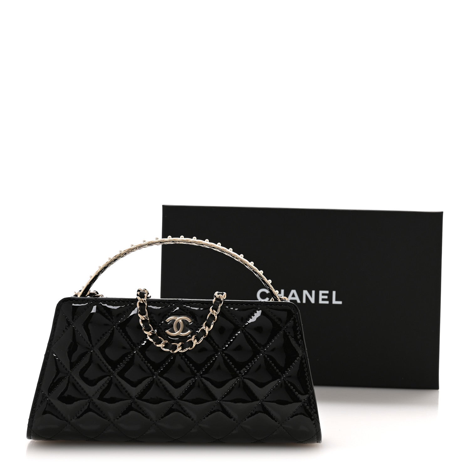 Chanel Patent Calfskin Quilted Pearl Clutch With Chain Black 11 of 11