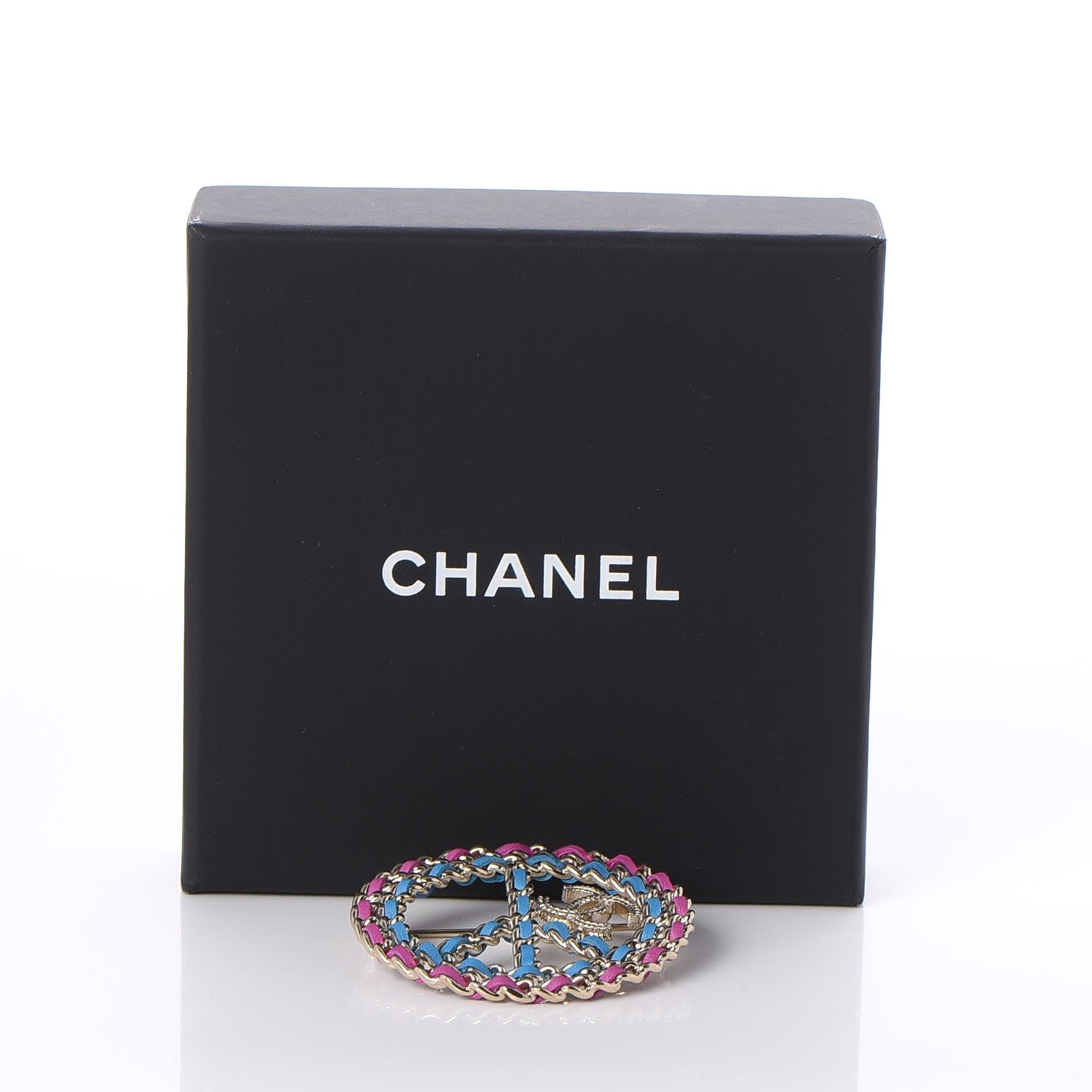 Chanel Metal Calfskin Braided Peace Sign CC Brooch Blue Purple Gold 6 of 6