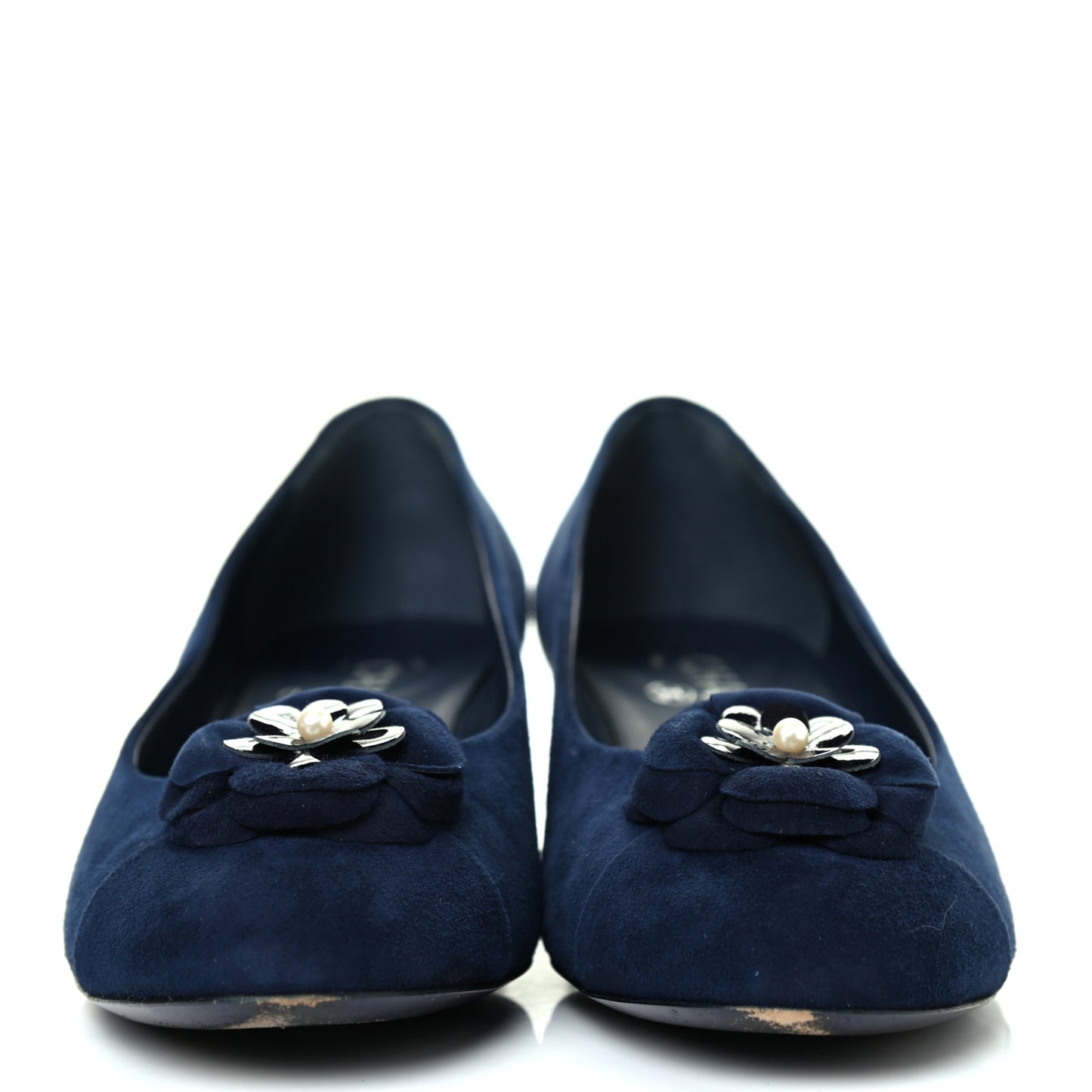 Kid Suede Pearl Camellia Cap Toe Pumps 38 Navy