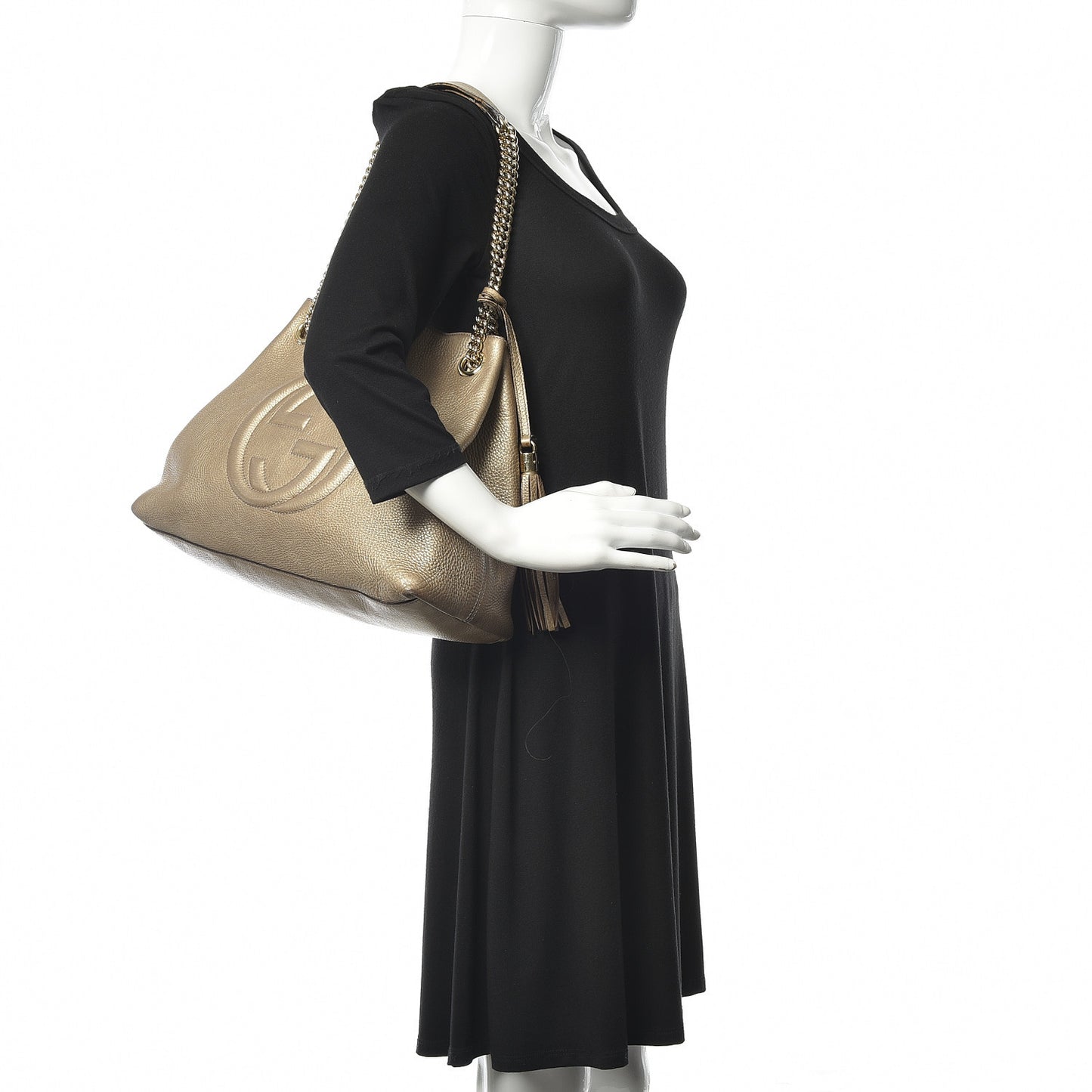Metallic Pebbled Calfskin Medium Soho Chain Shoulder Bag Golden Beige