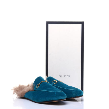 Gucci Velvet Fur Womens Princetown Slippers 38 Cyan 11 of 11