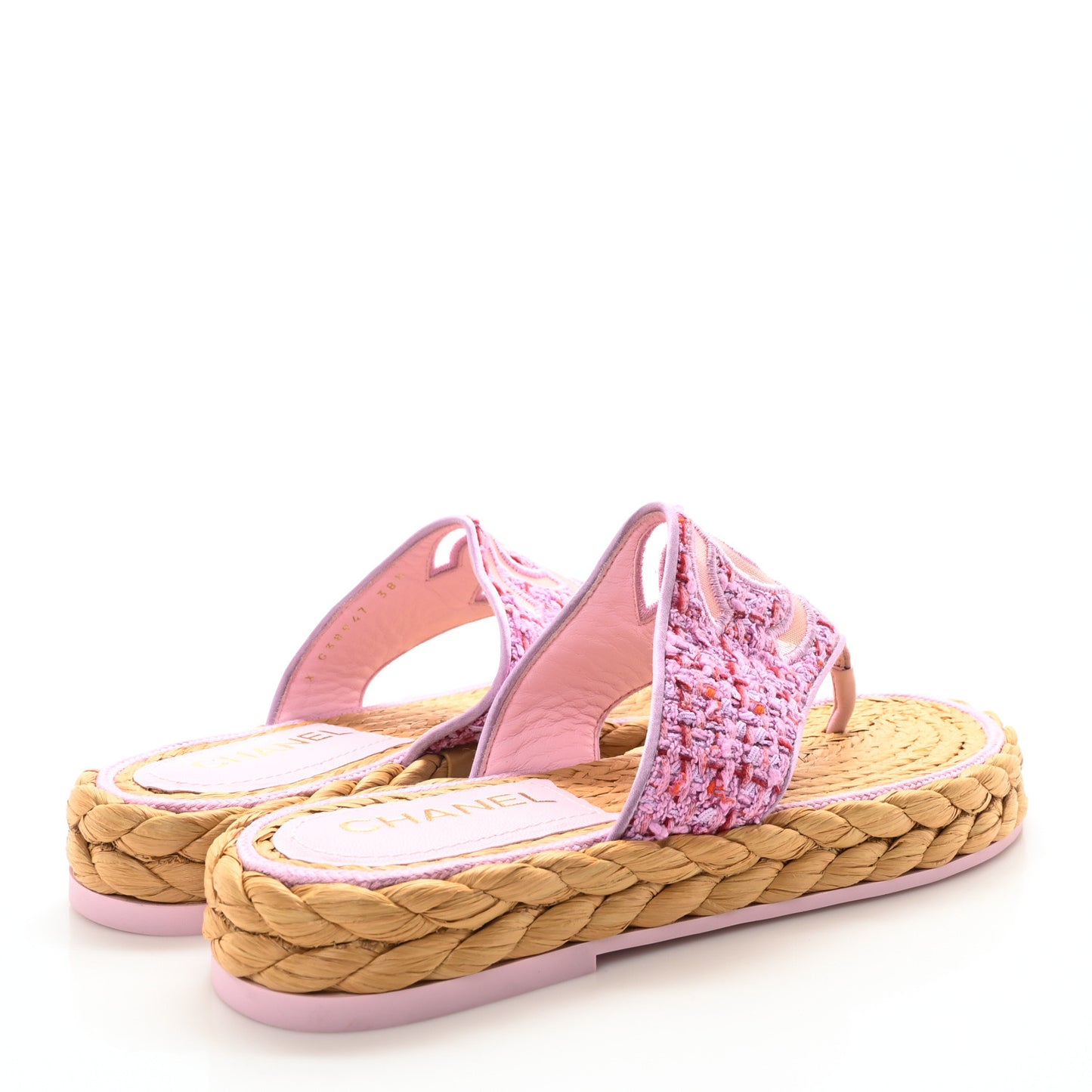 Tweed Mesh Satin CC Thong Sandals 38.5 Light Purple Pink Red