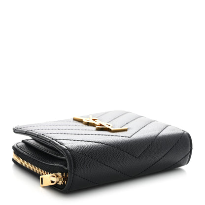 Saint Laurent Grain De Poudre Matelasse Chevron Monogram Compact Zip Around Wallet Black 4 of 11