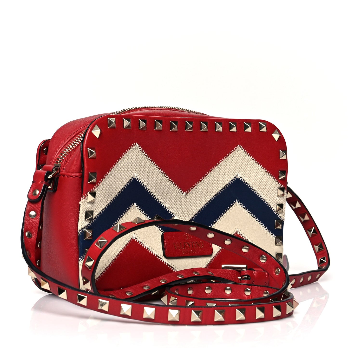 Calfskin Canvas Zig Zag Print Rockstud Flip Lock Camera Crossbody Bag Red Blue