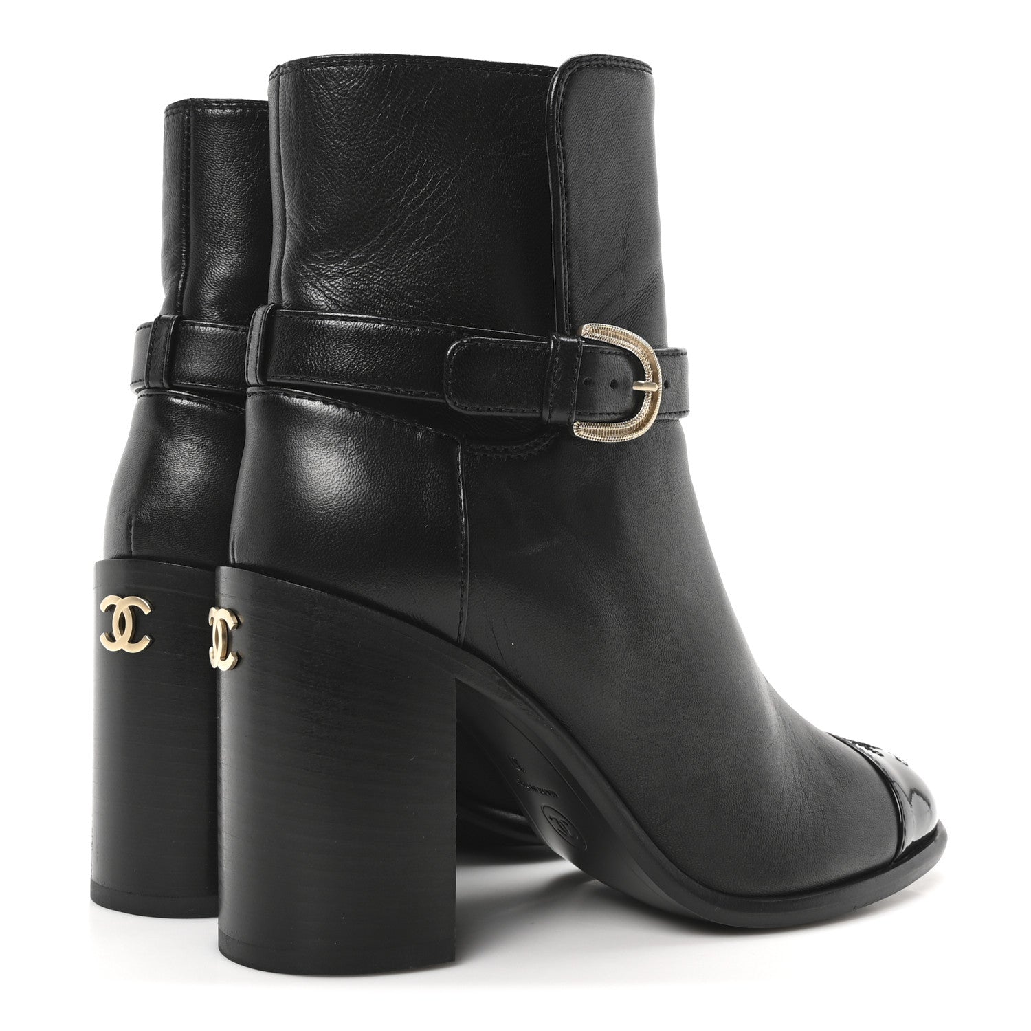 Chanel Calfskin Patent Cap Toe Interlocking CC Ankle Boots 37 Black 5 of 9