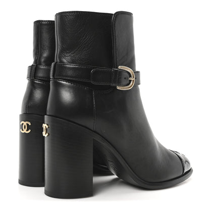 Chanel Calfskin Patent Cap Toe Interlocking CC Ankle Boots 37 Black 5 of 9