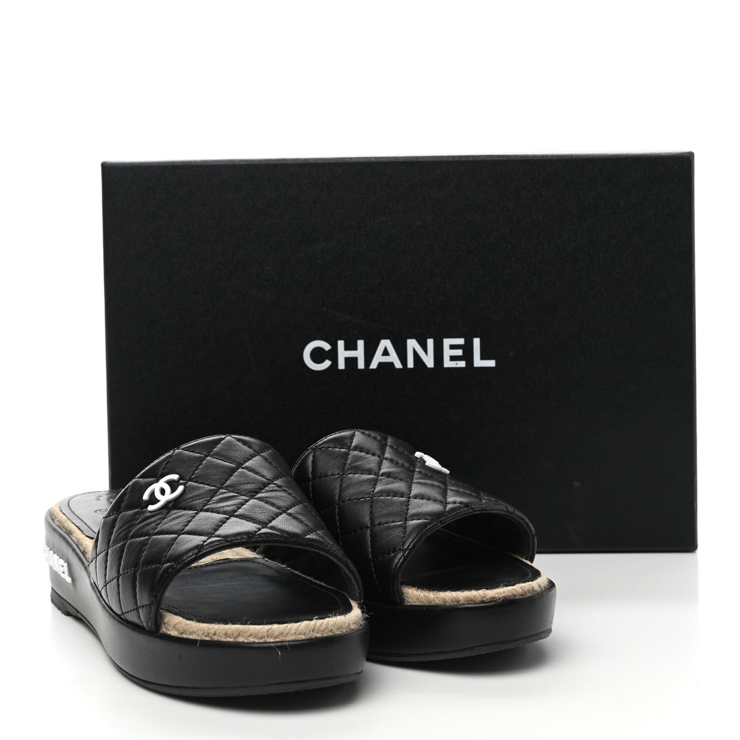 Lambskin Quilted CC Espadrille Slip On Sandals 40 Black