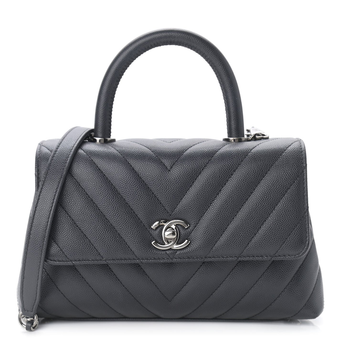 Caviar Chevron Quilted Mini Coco Handle Flap Dark Grey