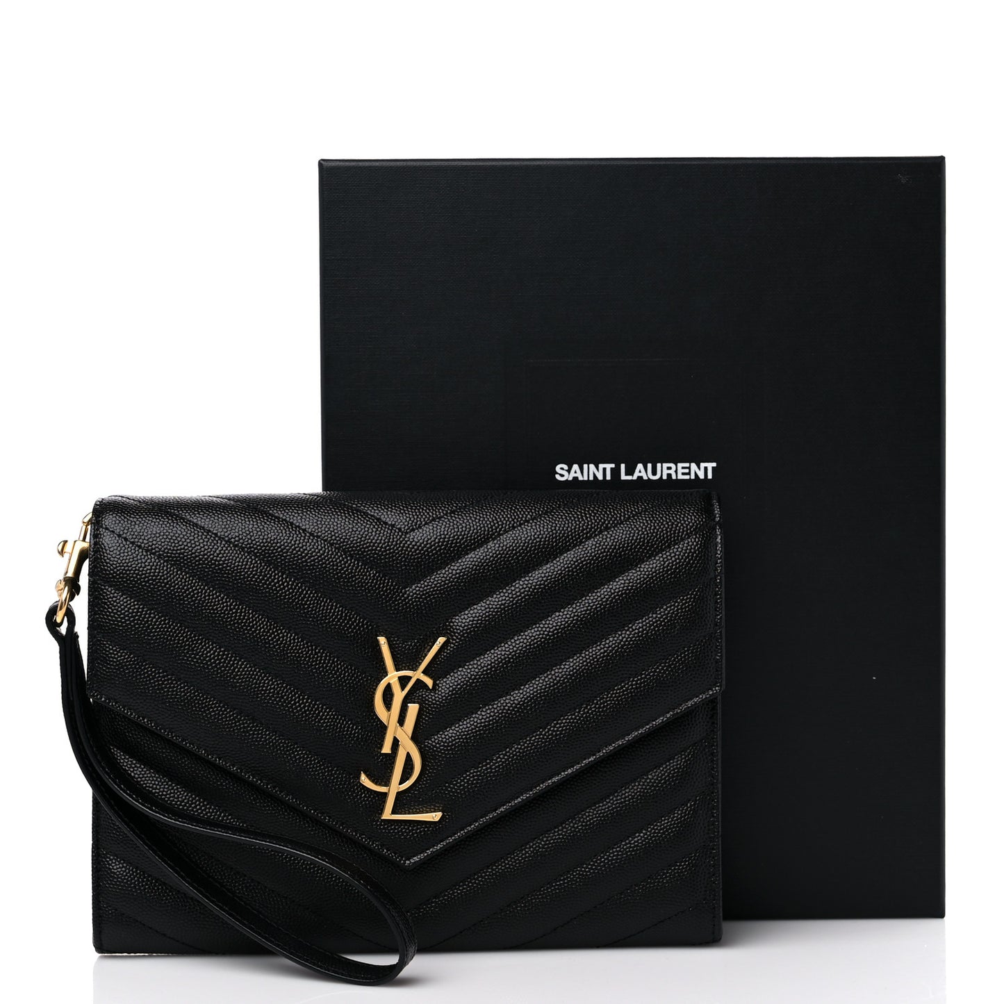 Grain De Poudre Matelasse Chevron Monogram Envelope Clutch Black