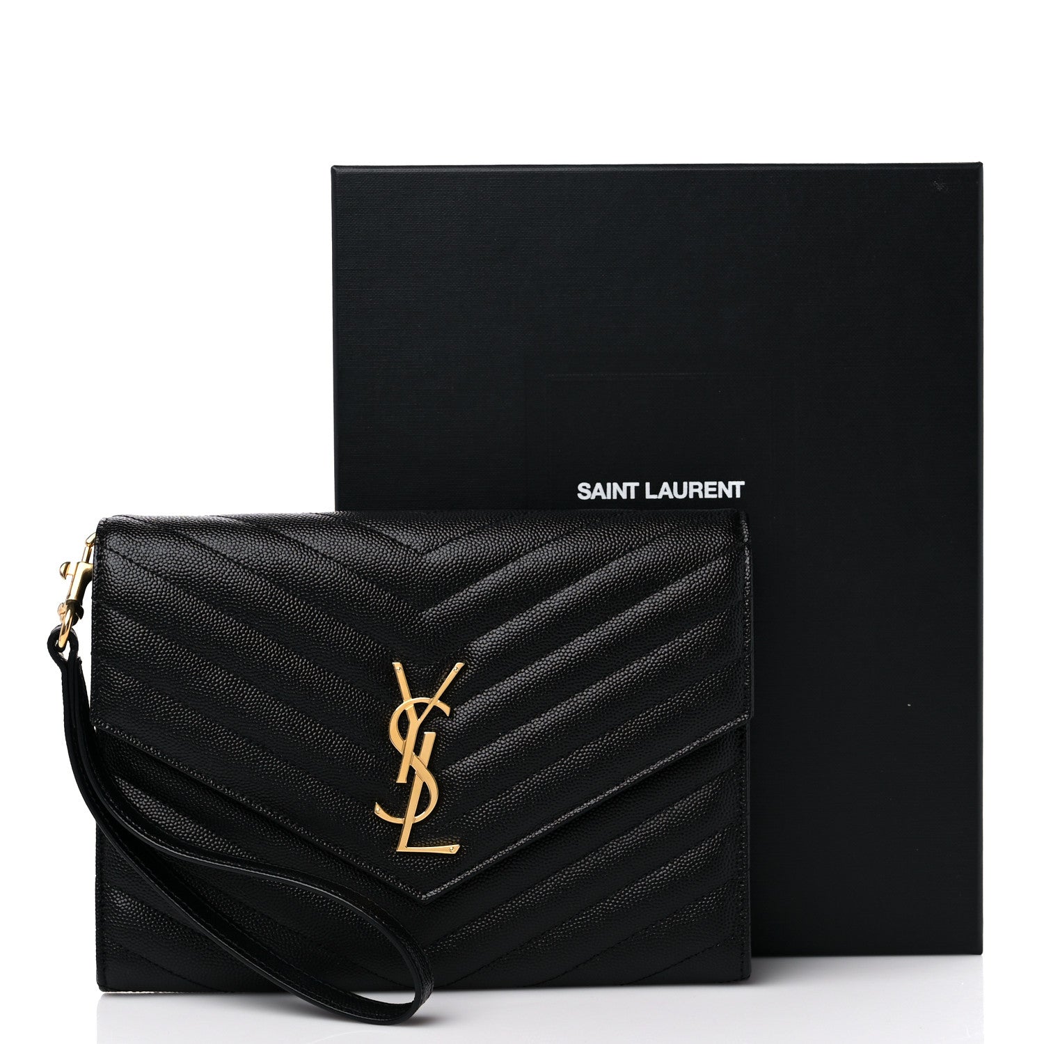 Saint Laurent Grain De Poudre Matelasse Chevron Monogram Envelope Clutch Black 10 of 10