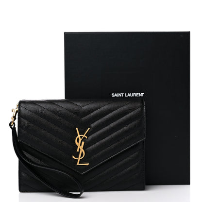 Saint Laurent Grain De Poudre Matelasse Chevron Monogram Envelope Clutch Black 10 of 10
