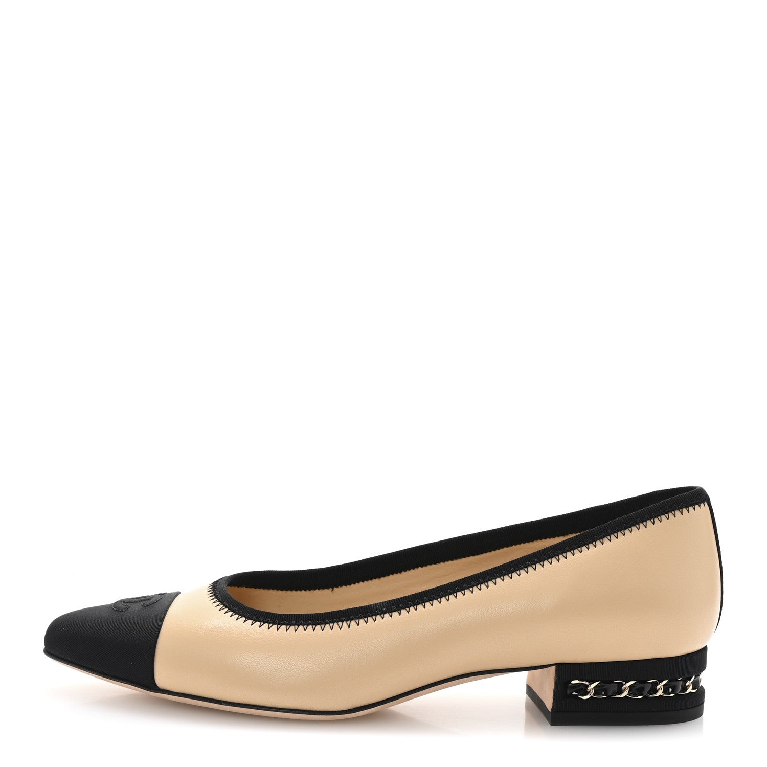 Chanel Lambskin Grosgrain Cap Toe Chain Pumps 38 Beige Black 1 of 10