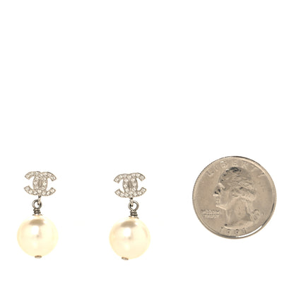Chanel Crystal Pearl CC Drop Earrings Silver Pearly White 2 of 5