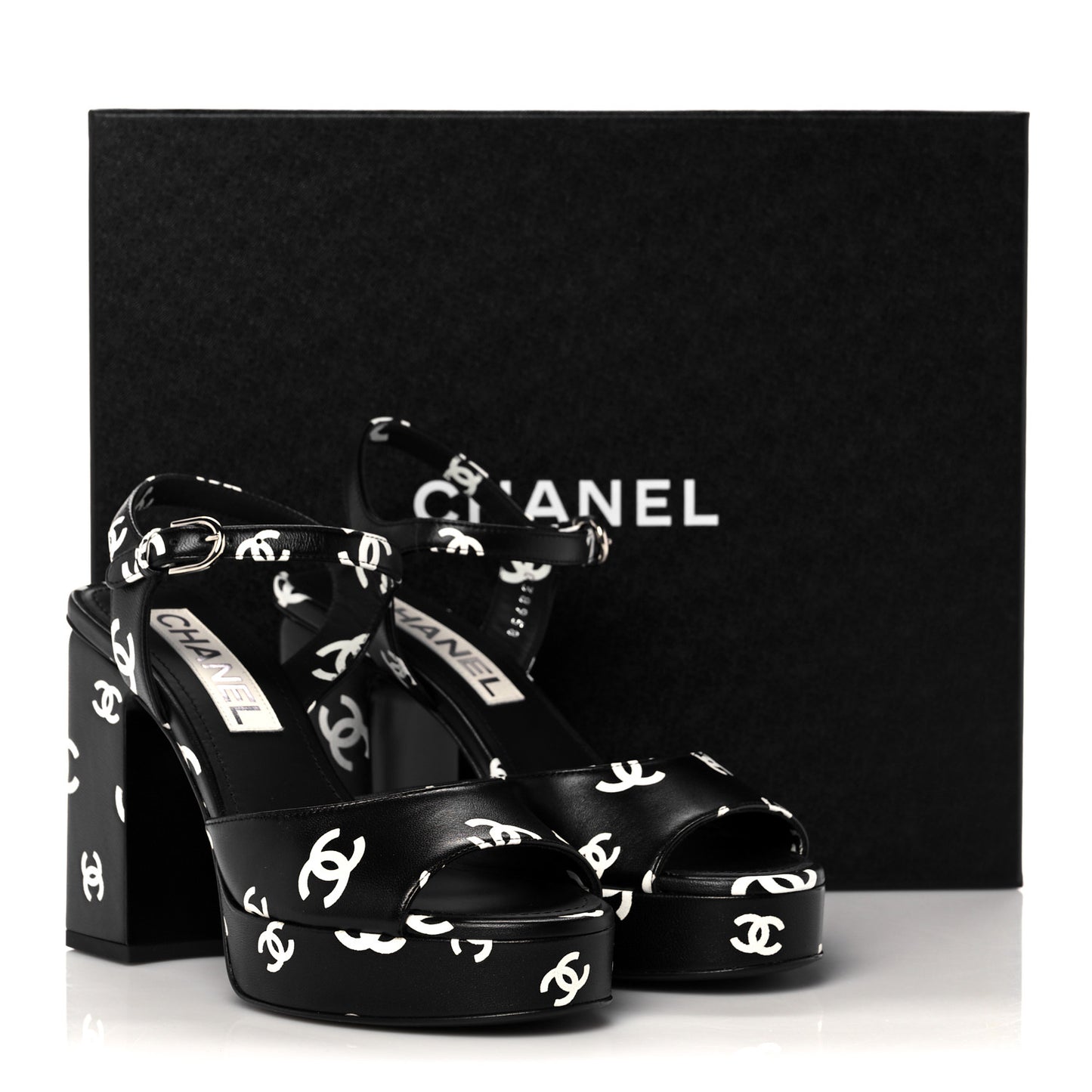 Printed Lambskin CC Platform Sandals 36 Black White