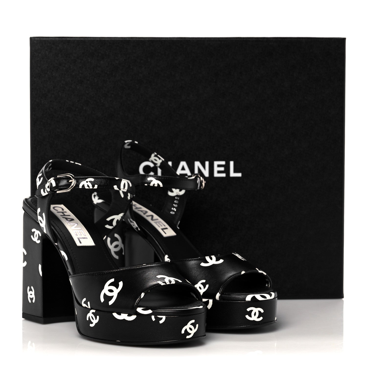 Chanel Printed Lambskin CC Platform Sandals 36 Black White 9 of 9