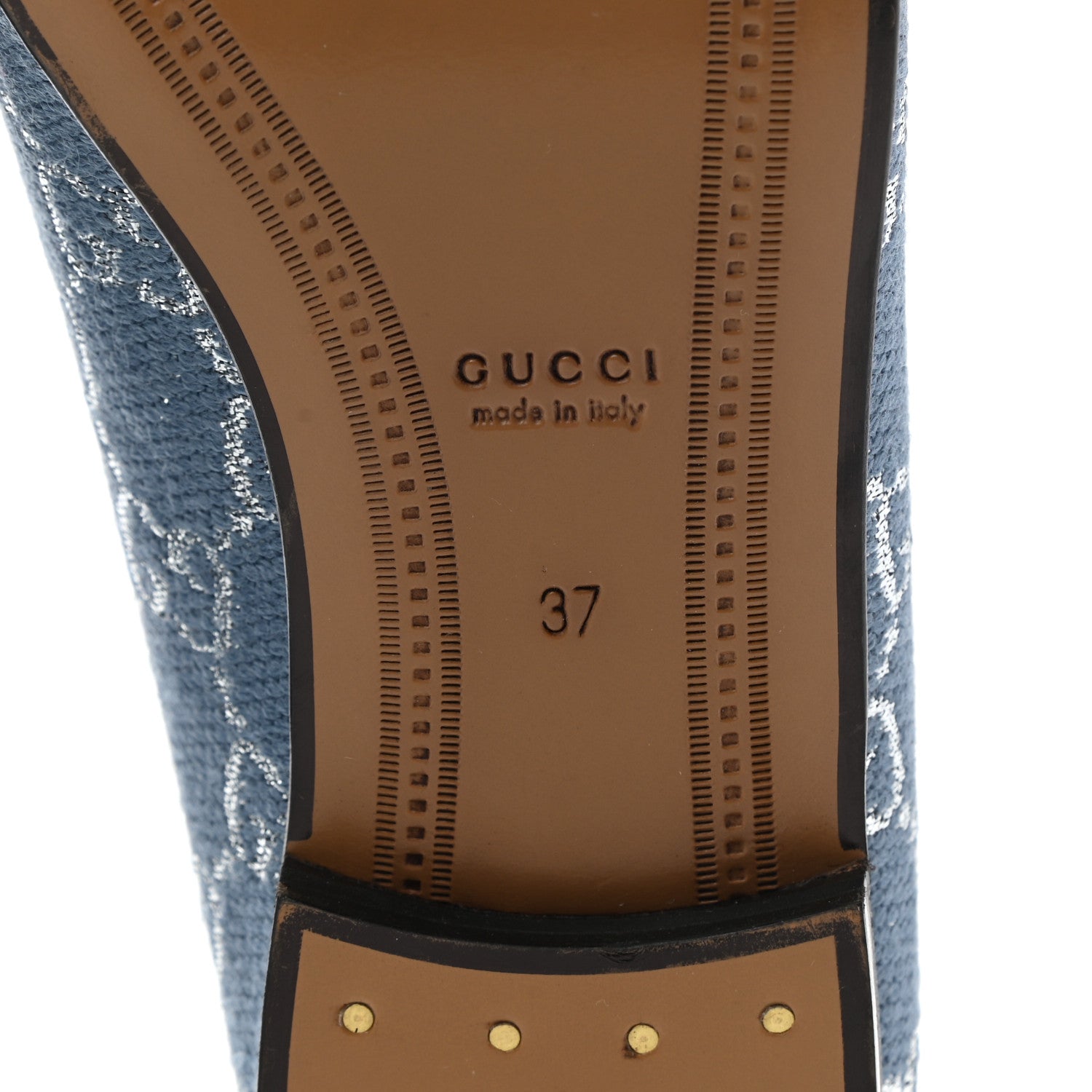 Gucci Canvas Lame GG Monogram Horsebit Womens Jordaan Loafers 37 Blue Silver 6 of 8
