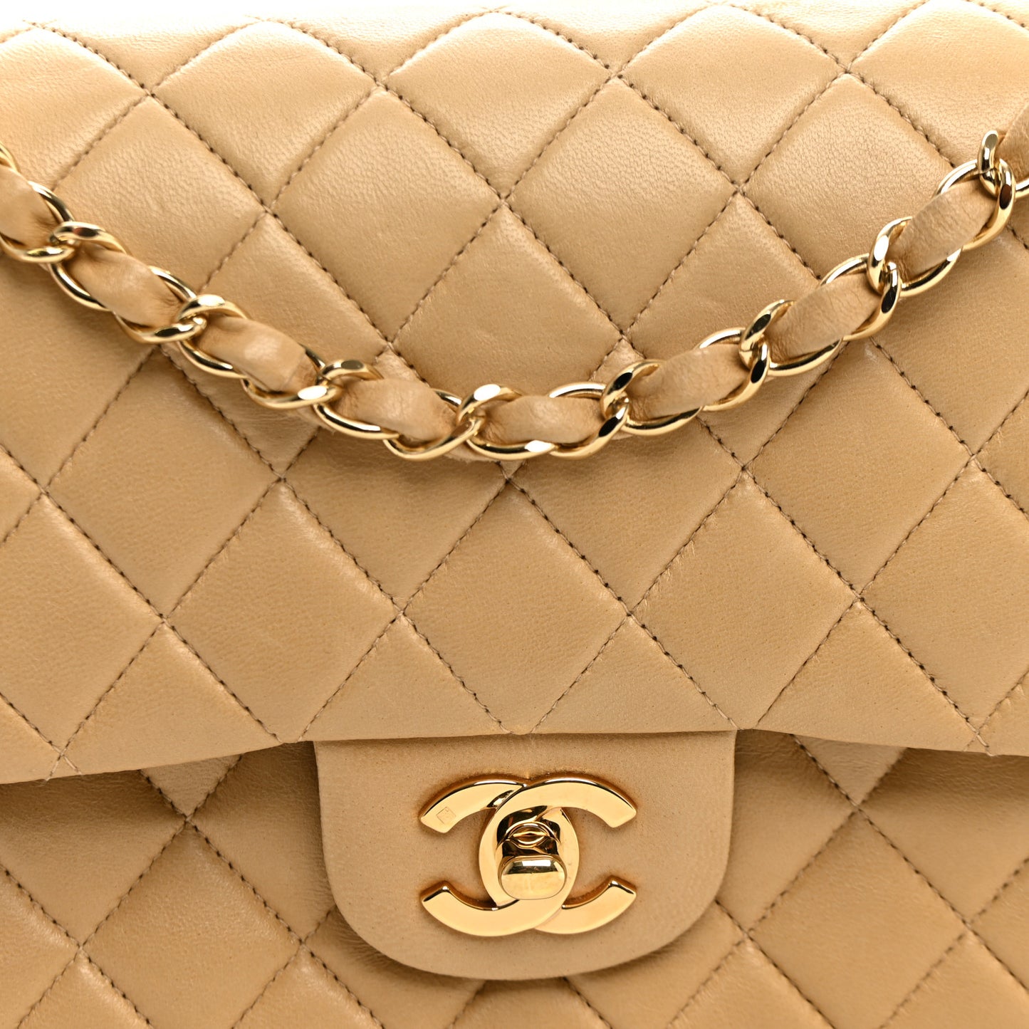 Lambskin Quilted Medium Double Flap Beige