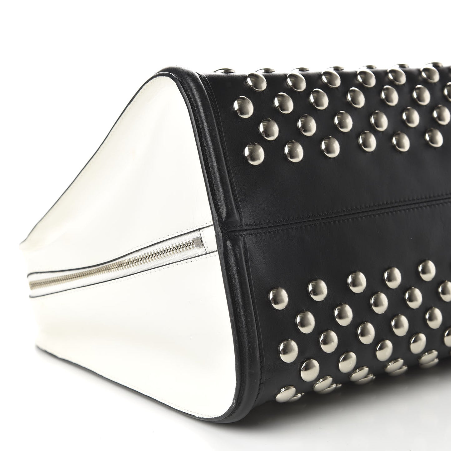 Calfskin Large Studded Padlock Zip Around Tote Black White