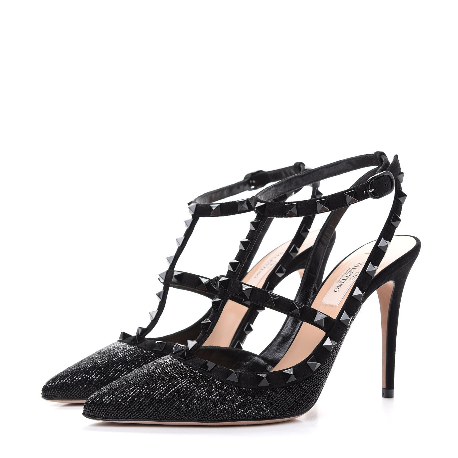 Valentino Garavani Suede Beaded Rockstud Ankle Strap 100mm Pumps 38 Black 3 of 10