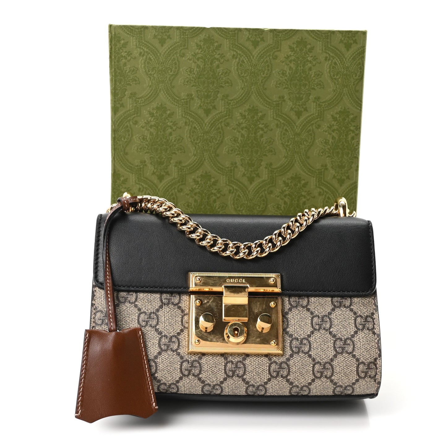 GG Supreme Monogram Calfskin Small Padlock Shoulder Bag Beige Black Cuir