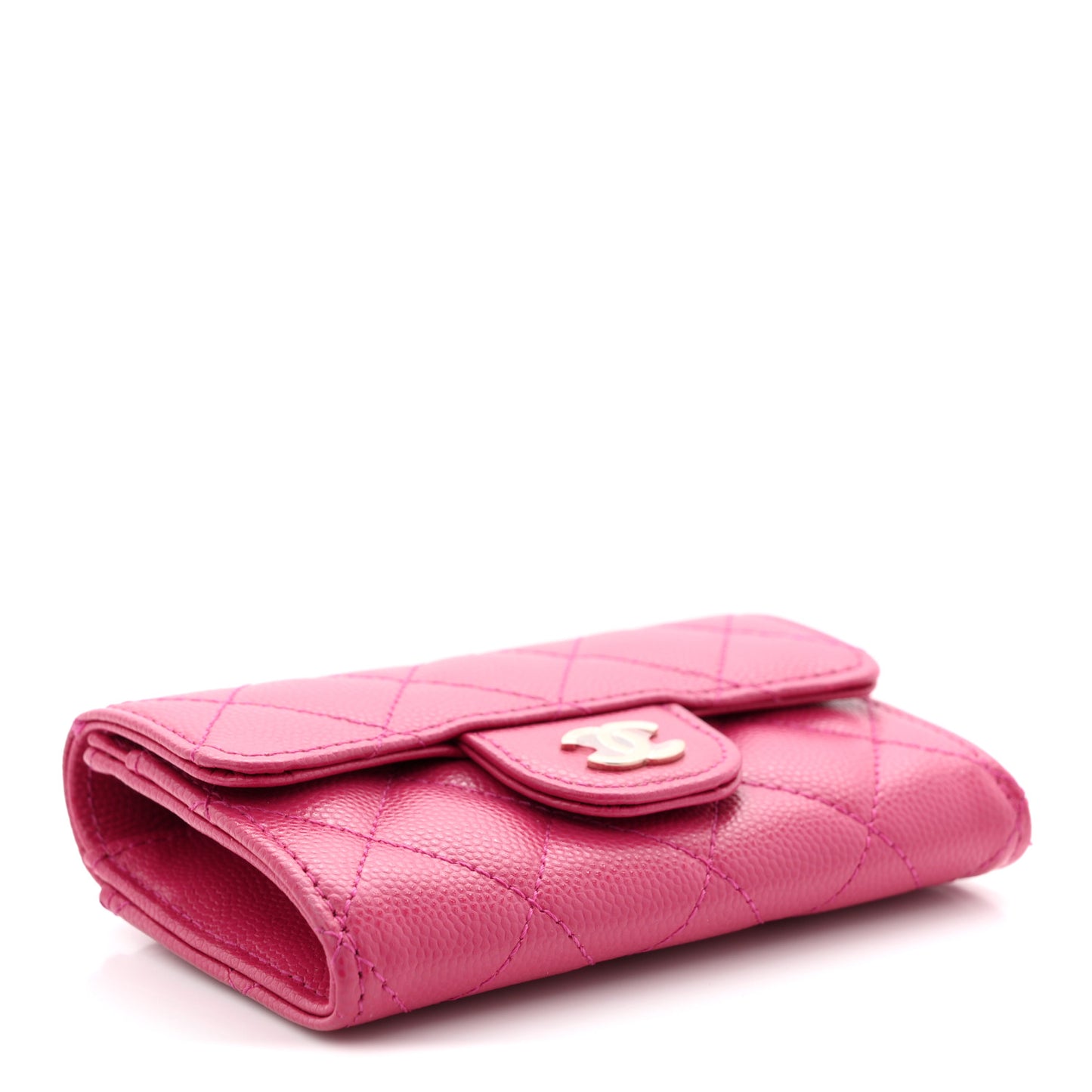 Caviar Quilted Flap Card Holder Wallet Dark Pink