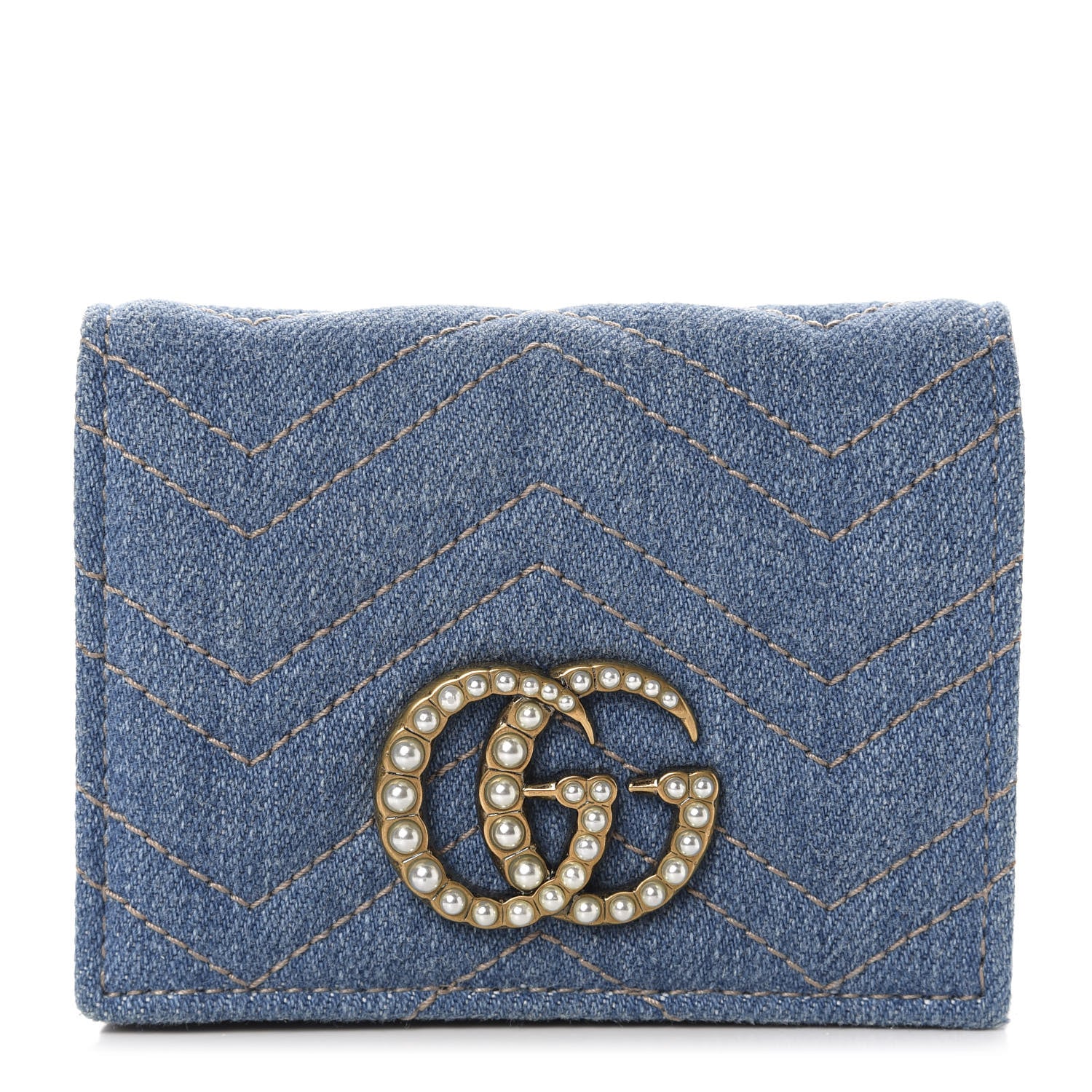 Gucci Denim Matelasse Pearly GG Marmont Card Case Wallet Blue 1 of 8