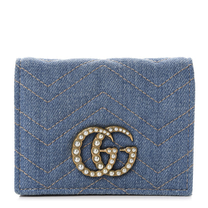 Gucci Denim Matelasse Pearly GG Marmont Card Case Wallet Blue 1 of 8
