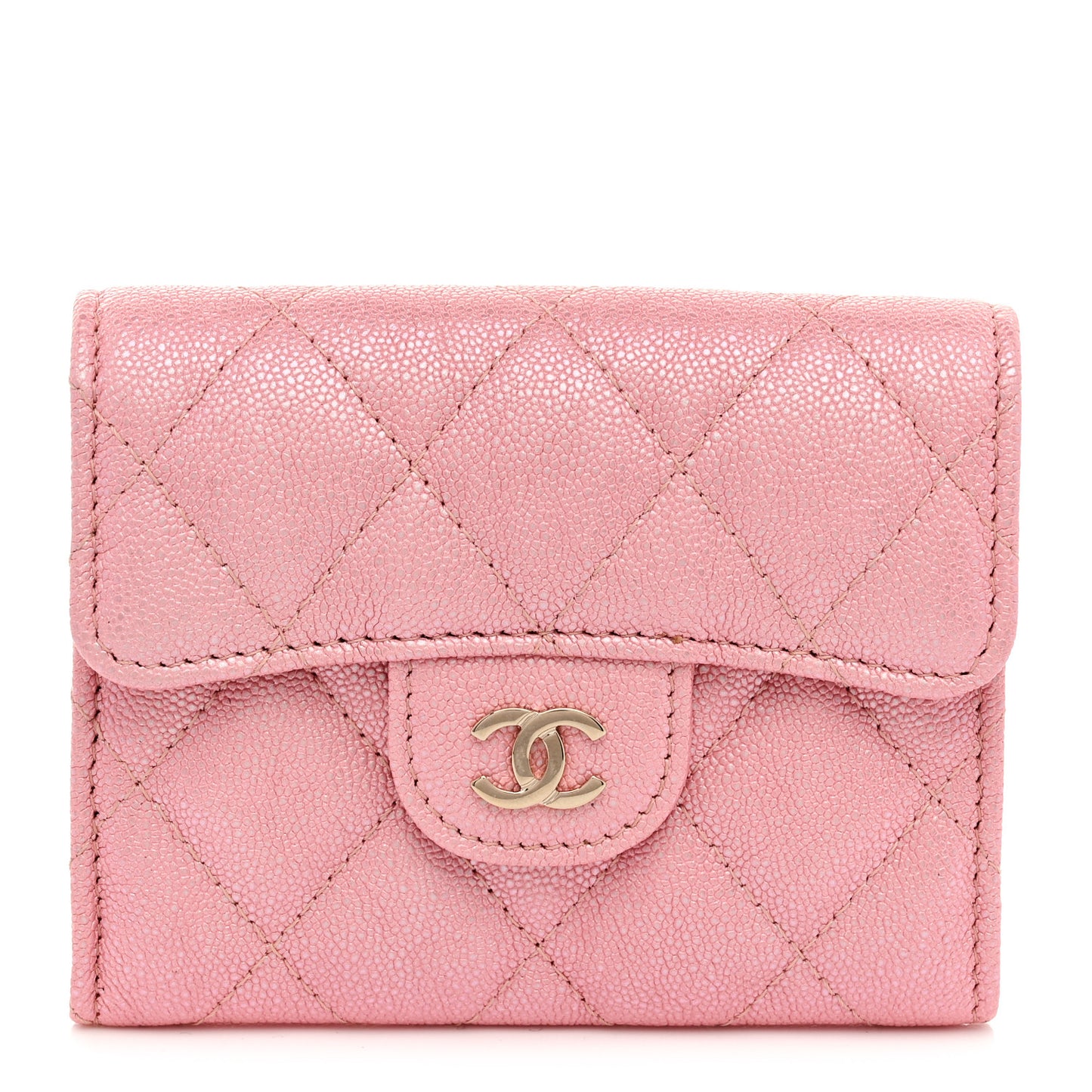 Iridescent Caviar Flap Quilted Card Holder Wallet Pink