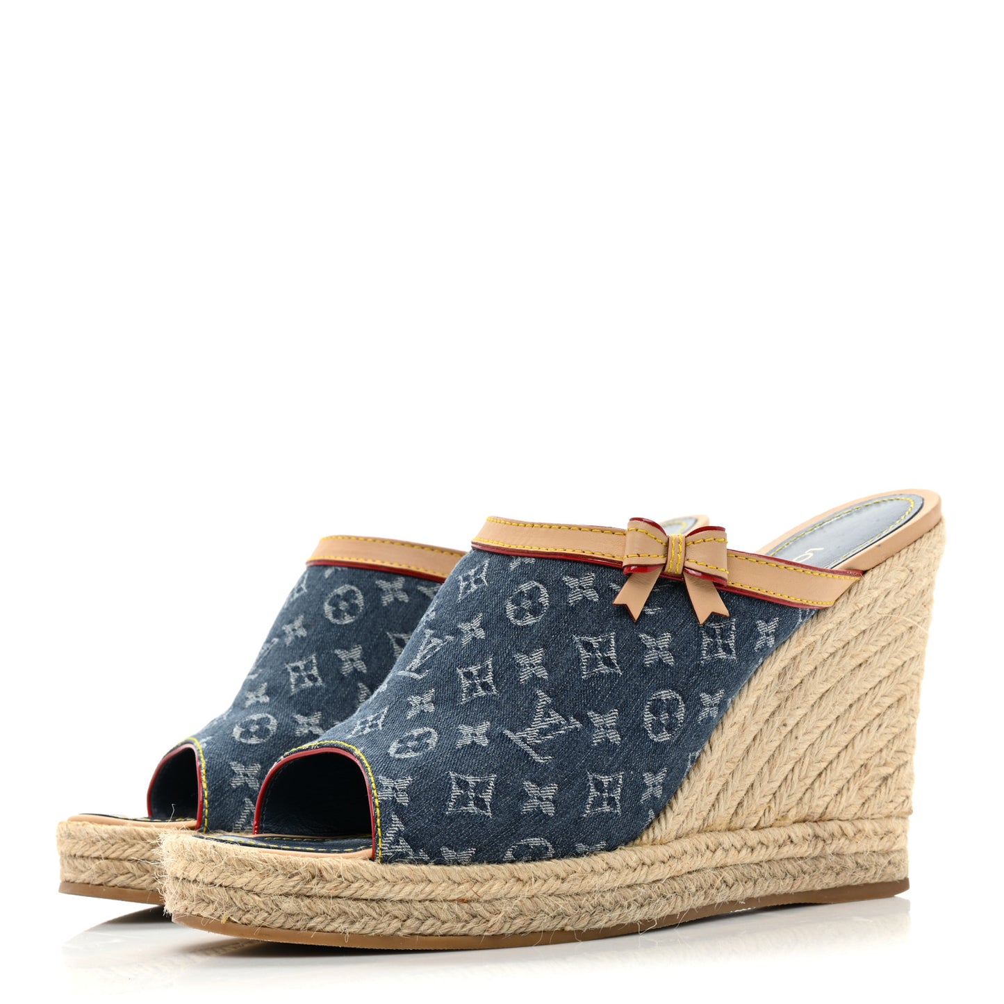 Denim Monogram Bow Espadrille Wedges 41 Blue