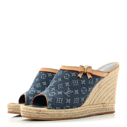 Louis Vuitton Denim Monogram Bow Espadrille Wedges 41 Blue 3 of 14